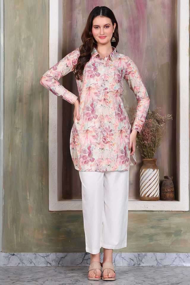 Floral-Cotton-Blend-V-Neck-Women-s-Casual-Wear-Kurta