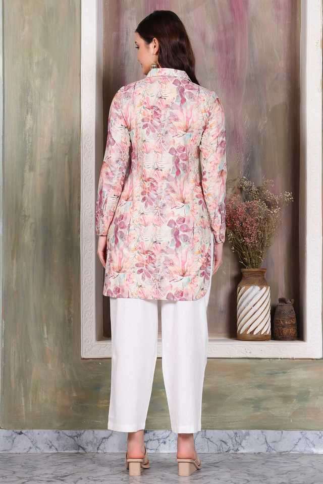 Floral-Cotton-Blend-V-Neck-Women-s-Casual-Wear-Kurta