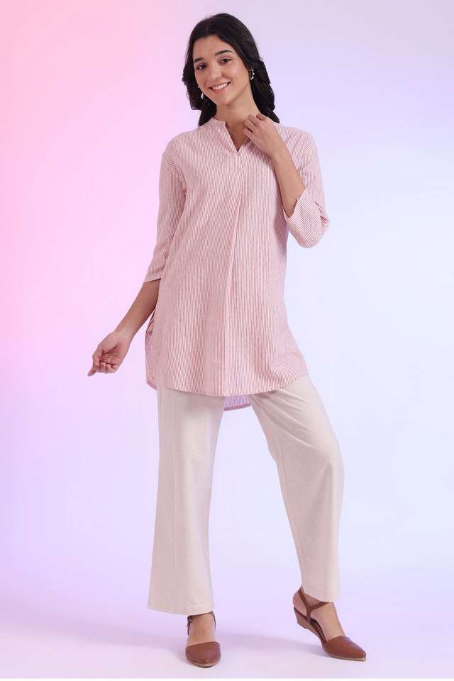 Stripes-Cotton-Blend-Collared-Women-s-Fusion-Wear-Kurta