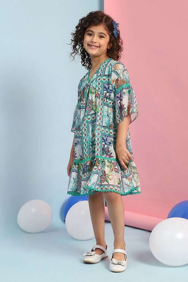 Printed-Polyester-V-Neck-Girls-Dress
