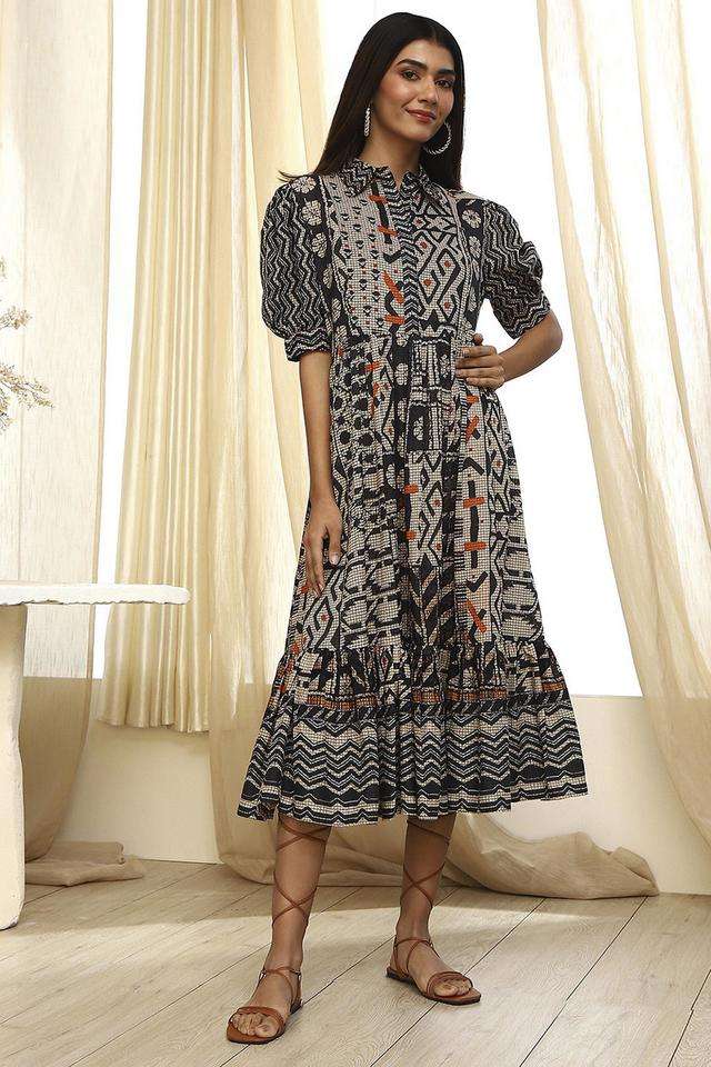 Printed-Collared-Blended-Fabric-Women-s-Dress