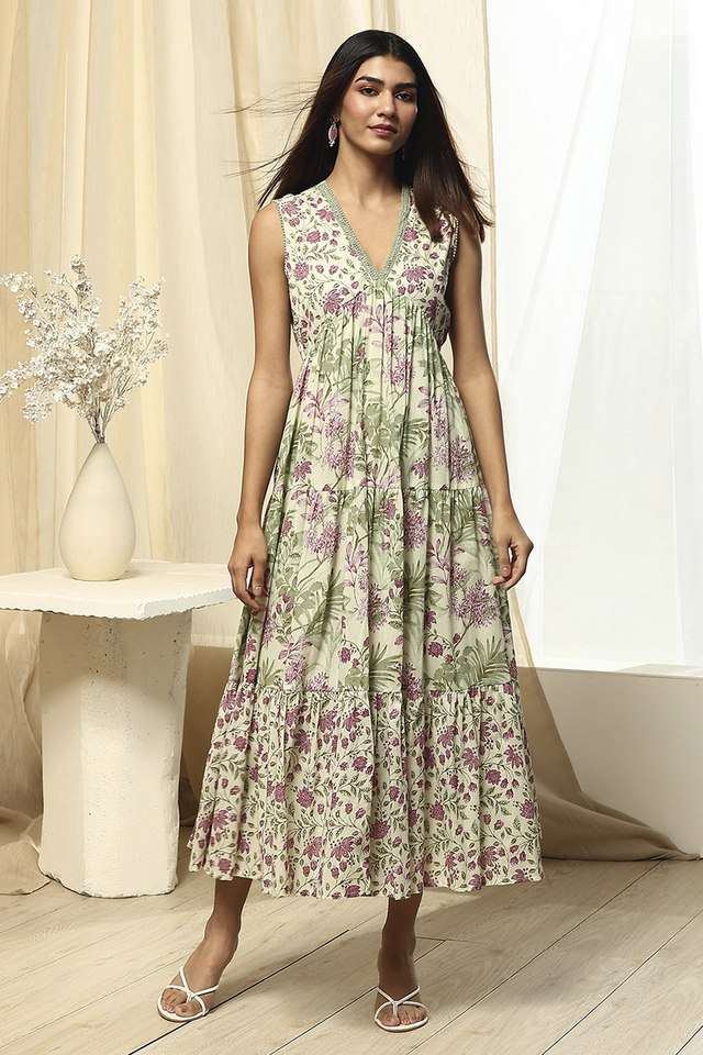 Printed-V-Neck-Blended-Fabric-Women-s-Dress