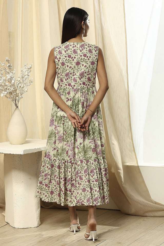 Printed-V-Neck-Blended-Fabric-Women-s-Dress