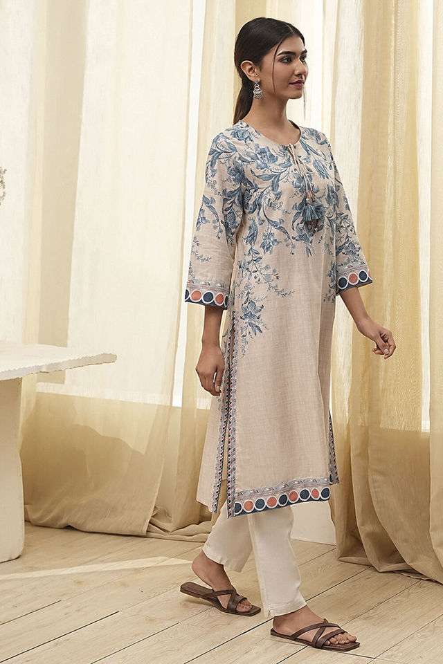 Printed-Chambray-Round-Neck-Women-s-Casual-Wear-Kurta