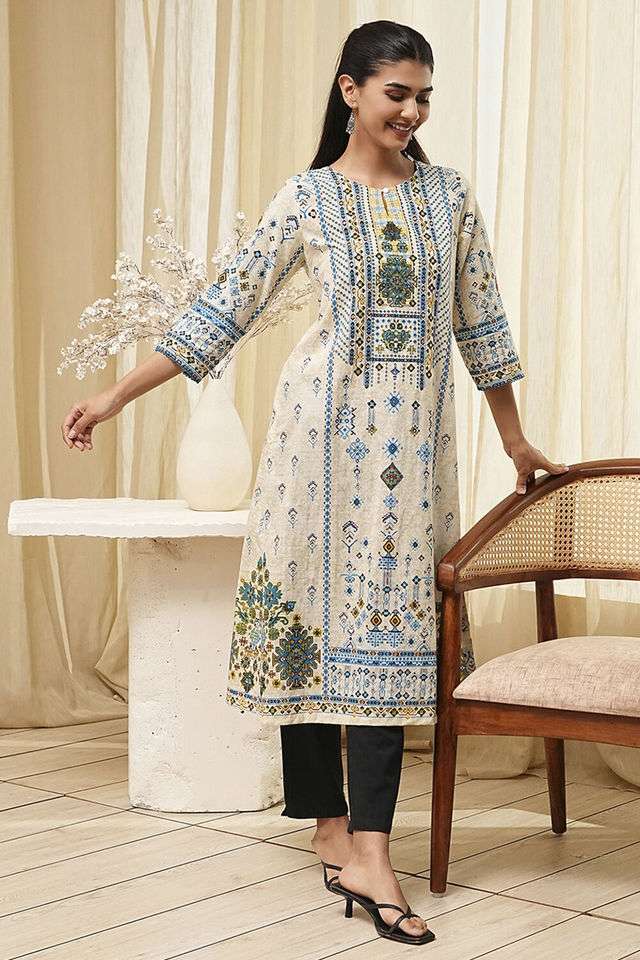 Printed-Chambray-Round-Neck-Women-s-Casual-Wear-Kurta