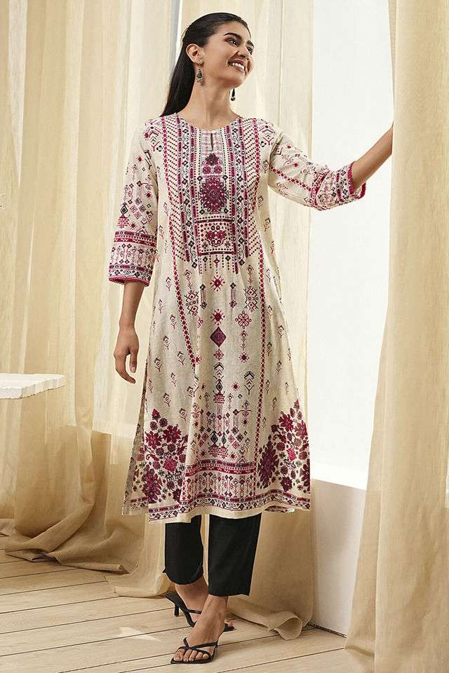 Printed-Chambray-Round-Neck-Women-s-Casual-Wear-Kurta