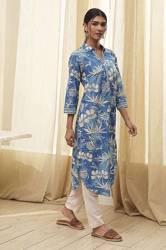 Printed-Chambray-Collared-Women-s-Casual-Wear-Kurta