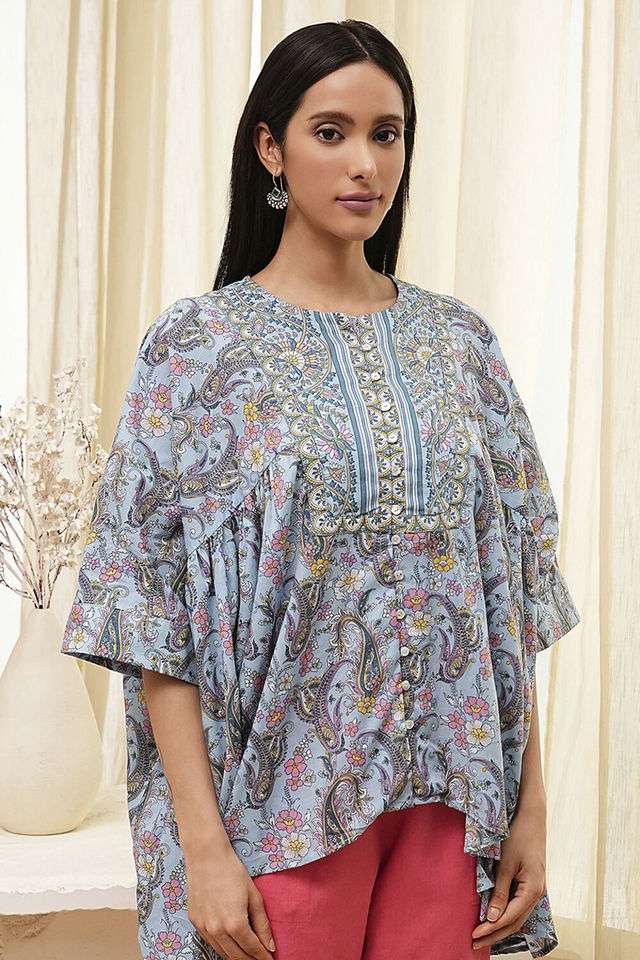 Printed-Chambray-Round-Neck-Women-s-Casual-Wear-Kurta