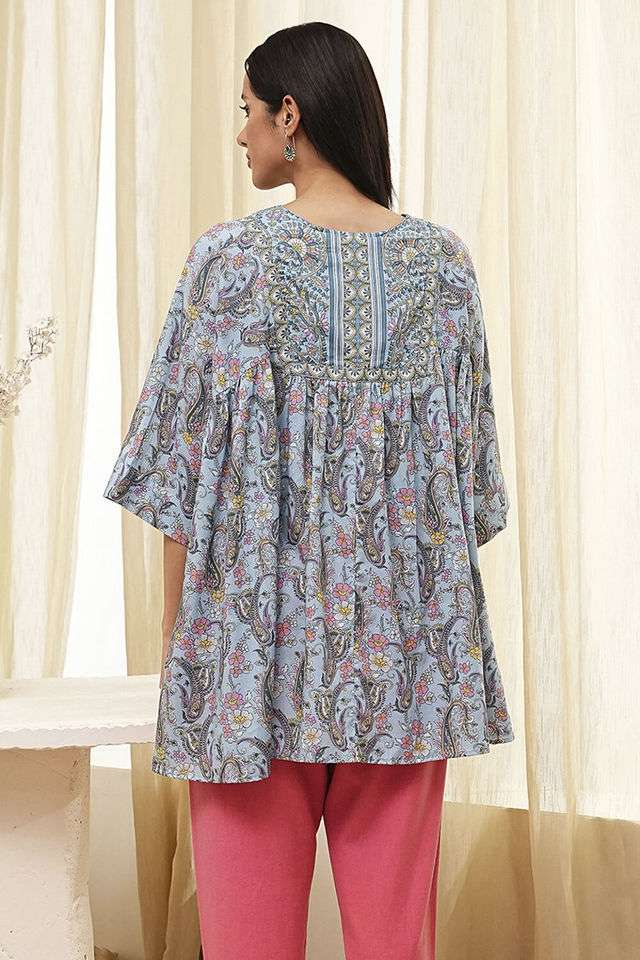 Printed-Chambray-Round-Neck-Women-s-Casual-Wear-Kurta