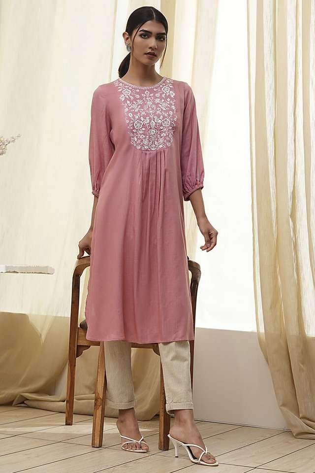 Solid-Blended-Fabric-Round-Neck-Women-s-Casual-Wear-Kurta
