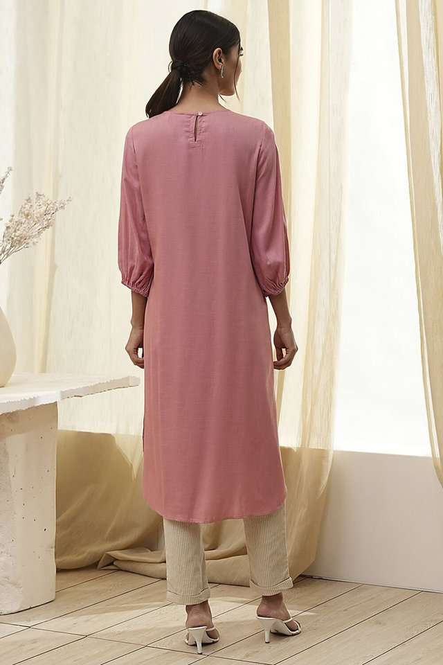 Solid-Blended-Fabric-Round-Neck-Women-s-Casual-Wear-Kurta