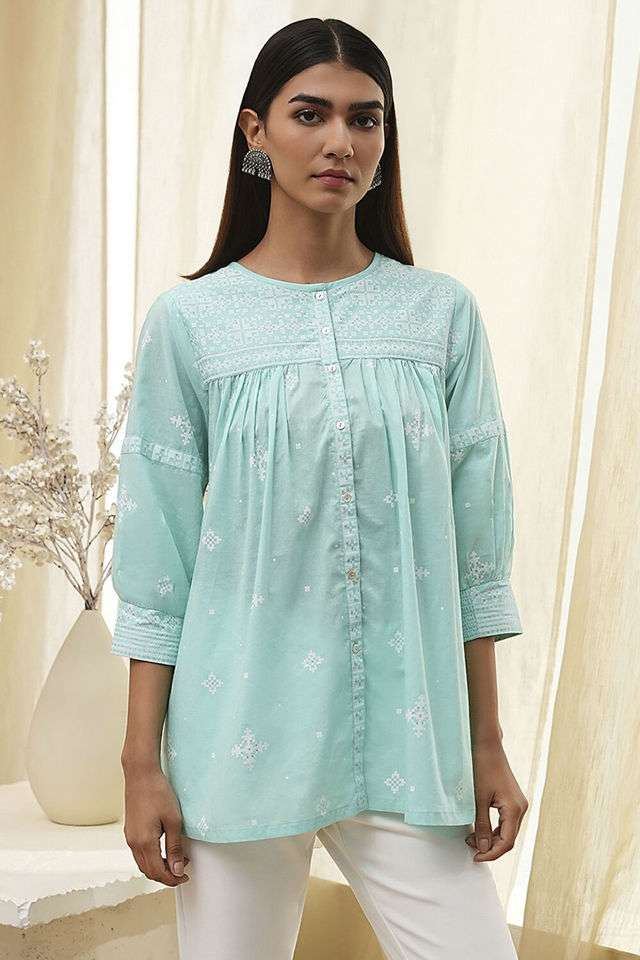 Printed-Chambray-Round-Neck-Women-s-Casual-Wear-Kurta