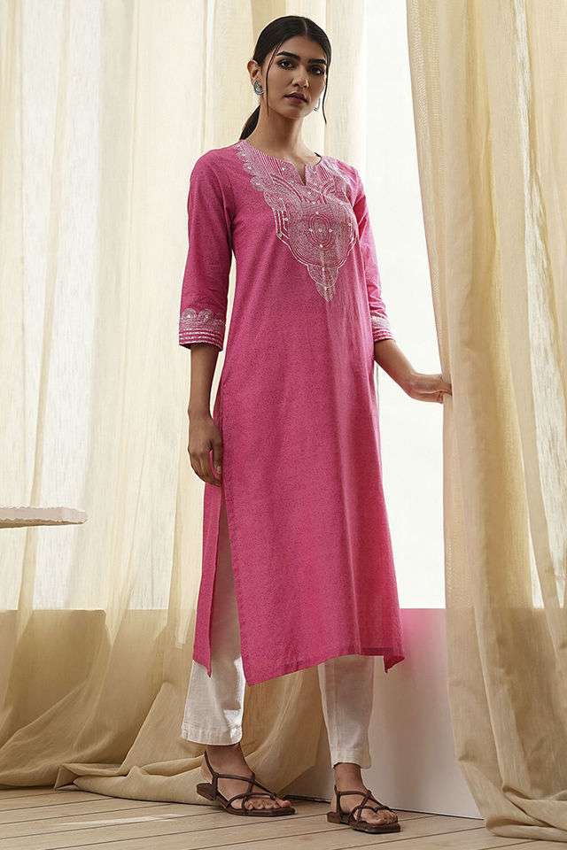 Printed-Chambray-Round-Neck-Women-s-Casual-Wear-Kurta