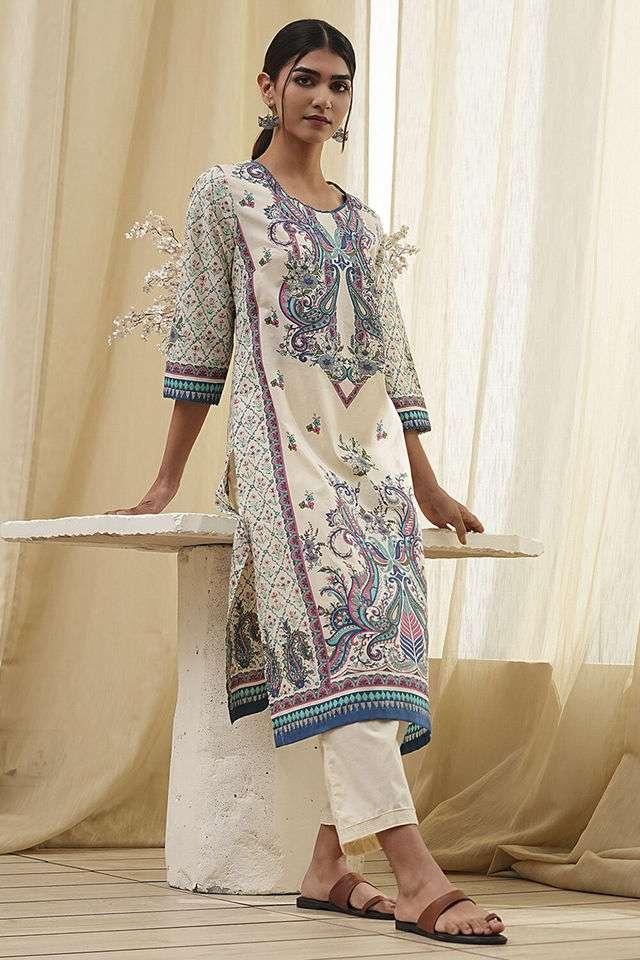 Printed-Chambray-Round-Neck-Women-s-Casual-Wear-Kurta