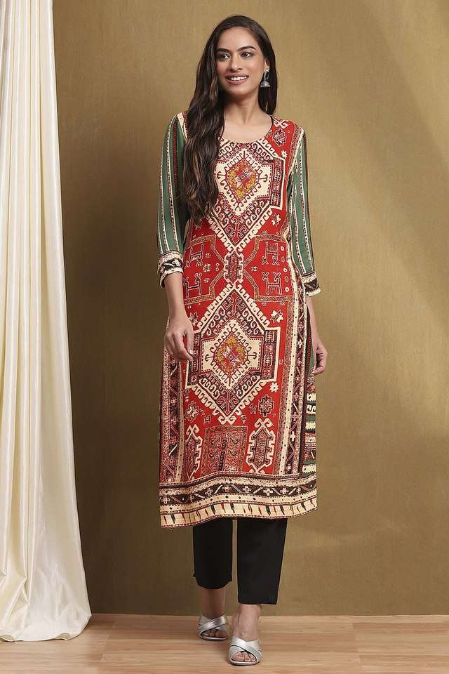 Printed-Blended-Fabric-Round-Neck-Women-s-Casual-Wear-Kurta