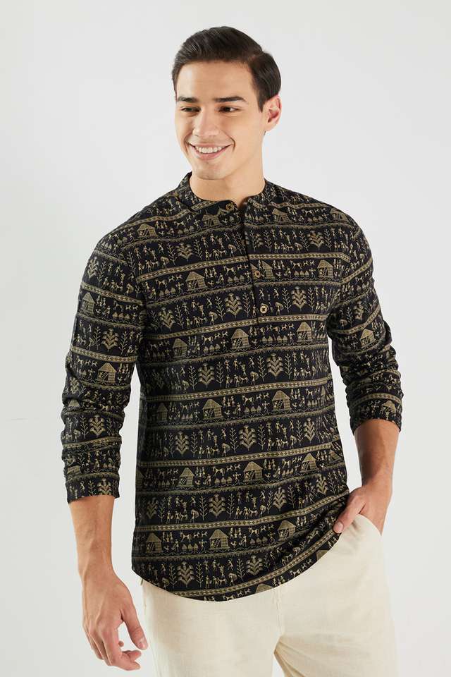 Printed-Cotton-Blend-Regular-Fit-Men-s-Short-Kurta