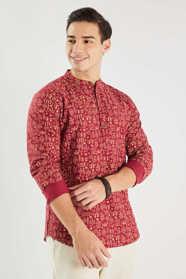 Printed-Cotton-Blend-Regular-Fit-Men-s-Short-Kurta