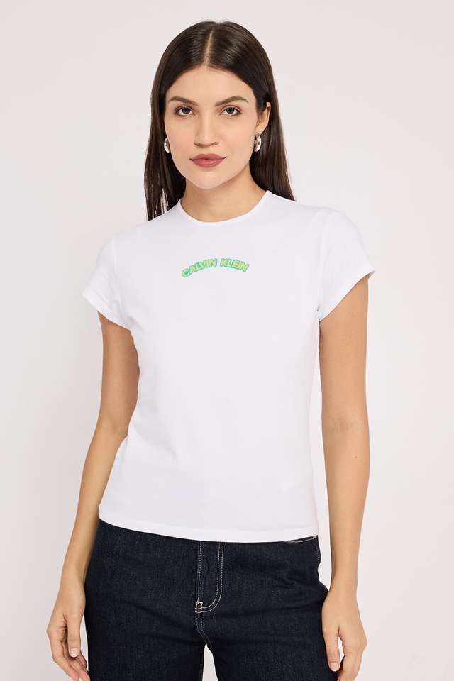 Solid-Cotton-Blend-Round-Neck-Women-s-T-Shirt