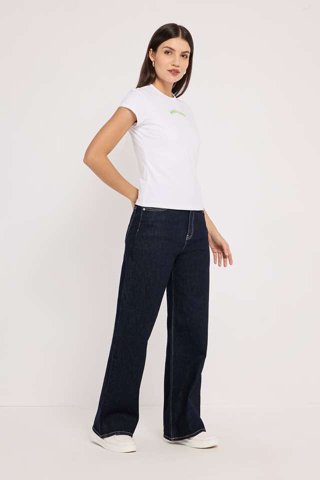 Solid-Cotton-Blend-Round-Neck-Women-s-T-Shirt