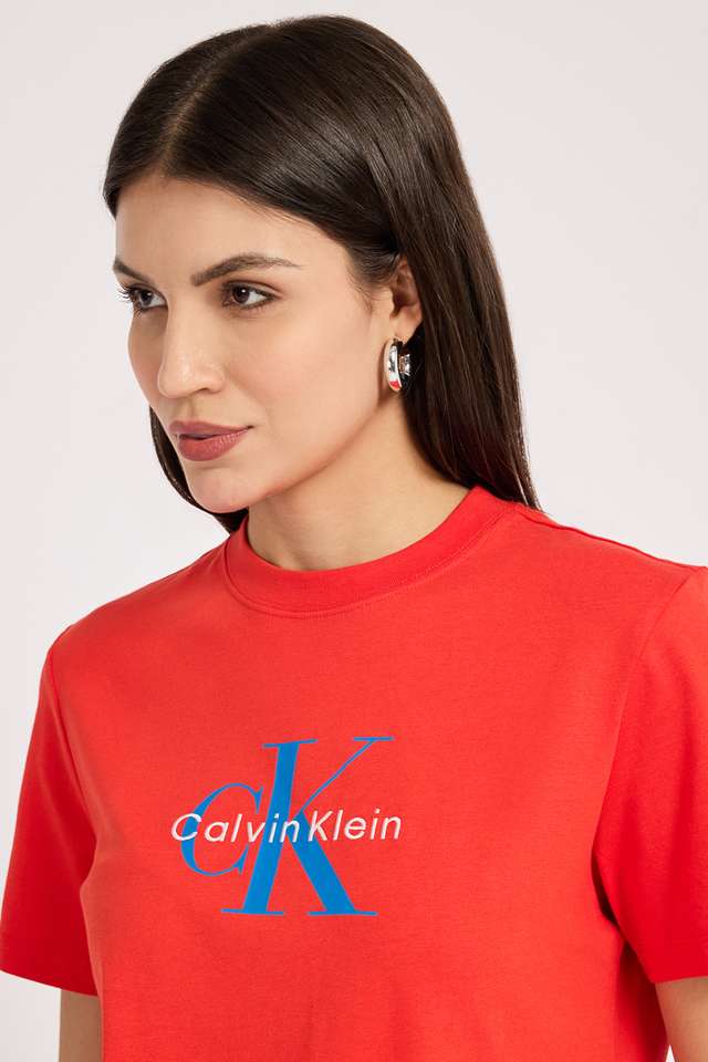 Buy CALVIN KLEIN red Solid Cotton Round Neck Women's T-Shirt
