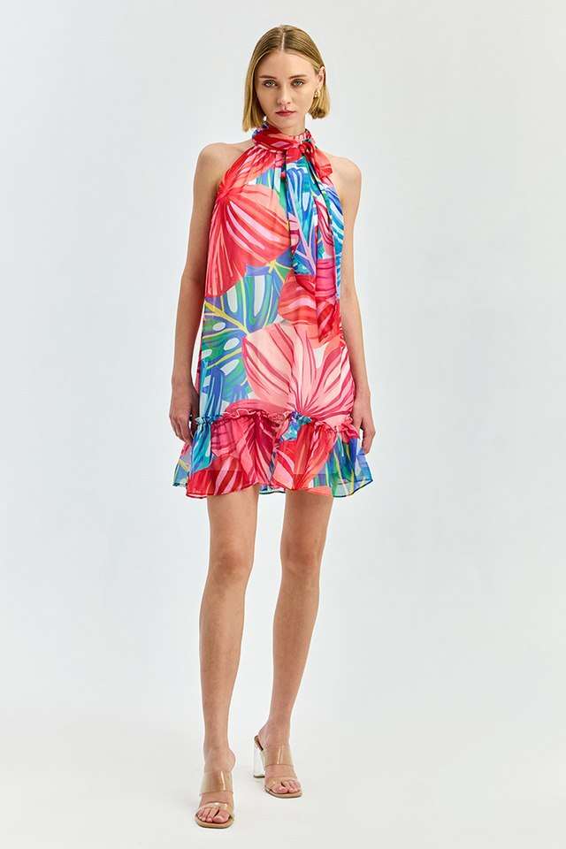 Floral-Polyester-Collared-Women-s-Mini-Dress