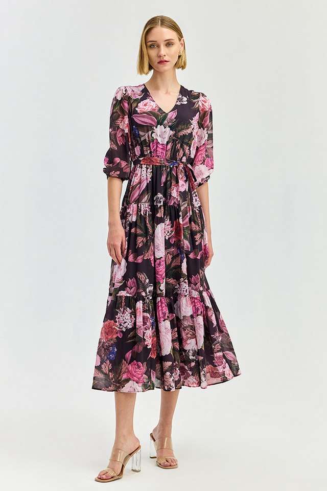Floral Polyester V-Neck Women's Midi Dress-image-49