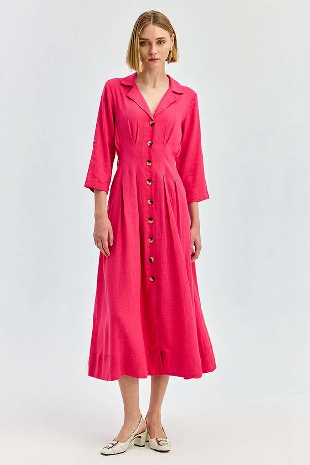 Solid-Viscose-Collared-Women-s-Midi-Dress