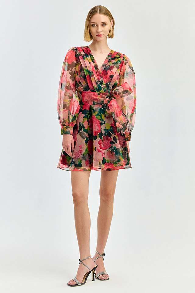 Floral-Polyester-V-Neck-Women-s-Mini-Dress