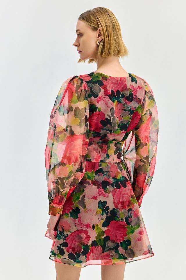 Floral-Polyester-V-Neck-Women-s-Mini-Dress