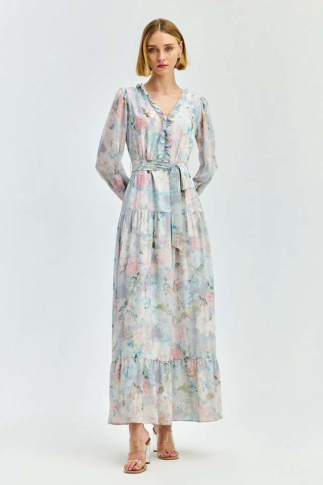 Floral-Polyester-V-Neck-Women-s-Maxi-Dress