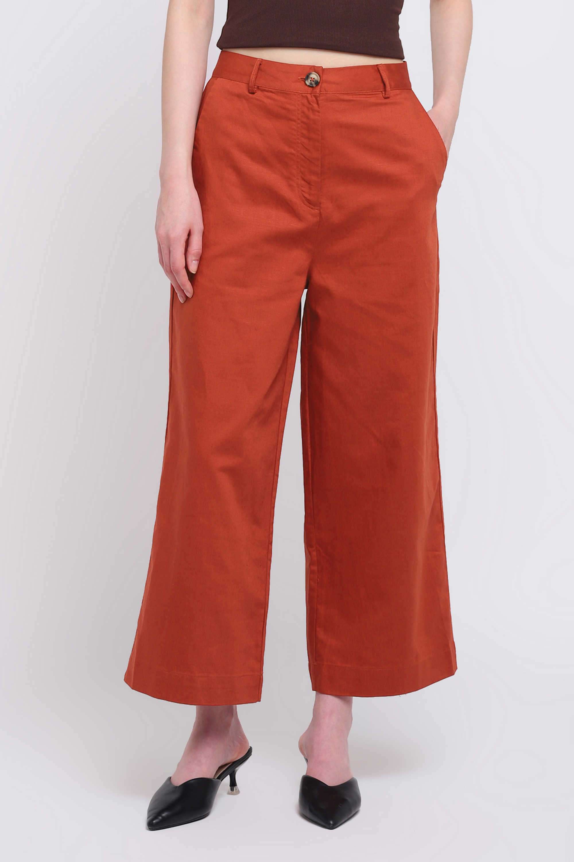 Solid-Blended-Fabric-Wide-Leg-Fit-Women-s-Trousers