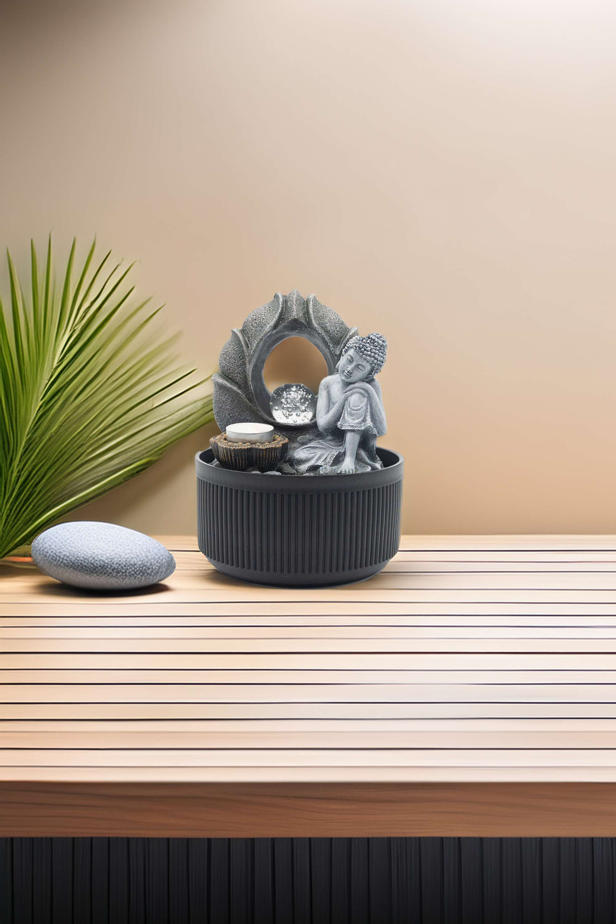 Aqua-Bliss-Mid-Grey-Buddha-Fountain-With-Ball-&-Light-23Cm