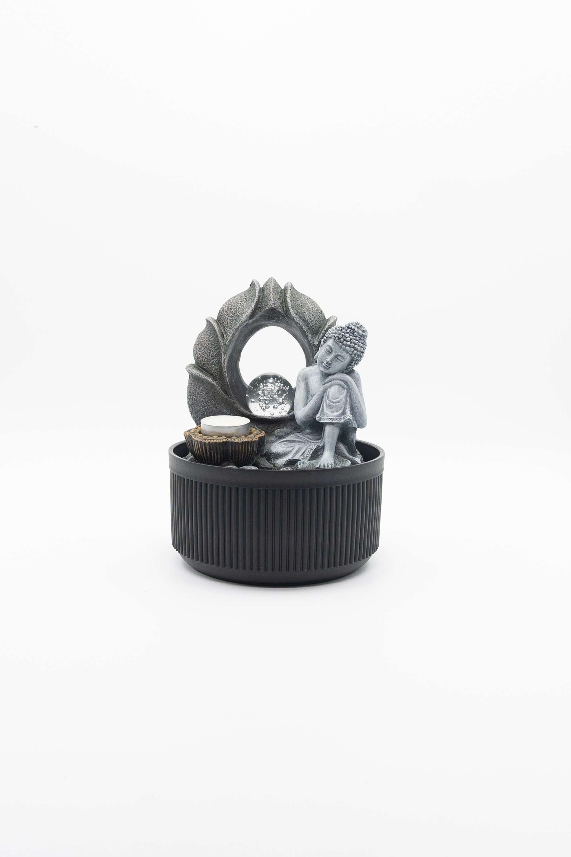 Aqua-Bliss-Mid-Grey-Buddha-Fountain-With-Ball-&-Light-23Cm