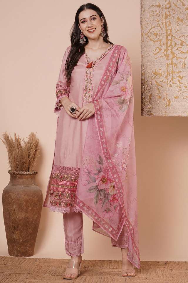 Solid-Silk-Round-Neck-Women-s-Formal-Wear-Kurta