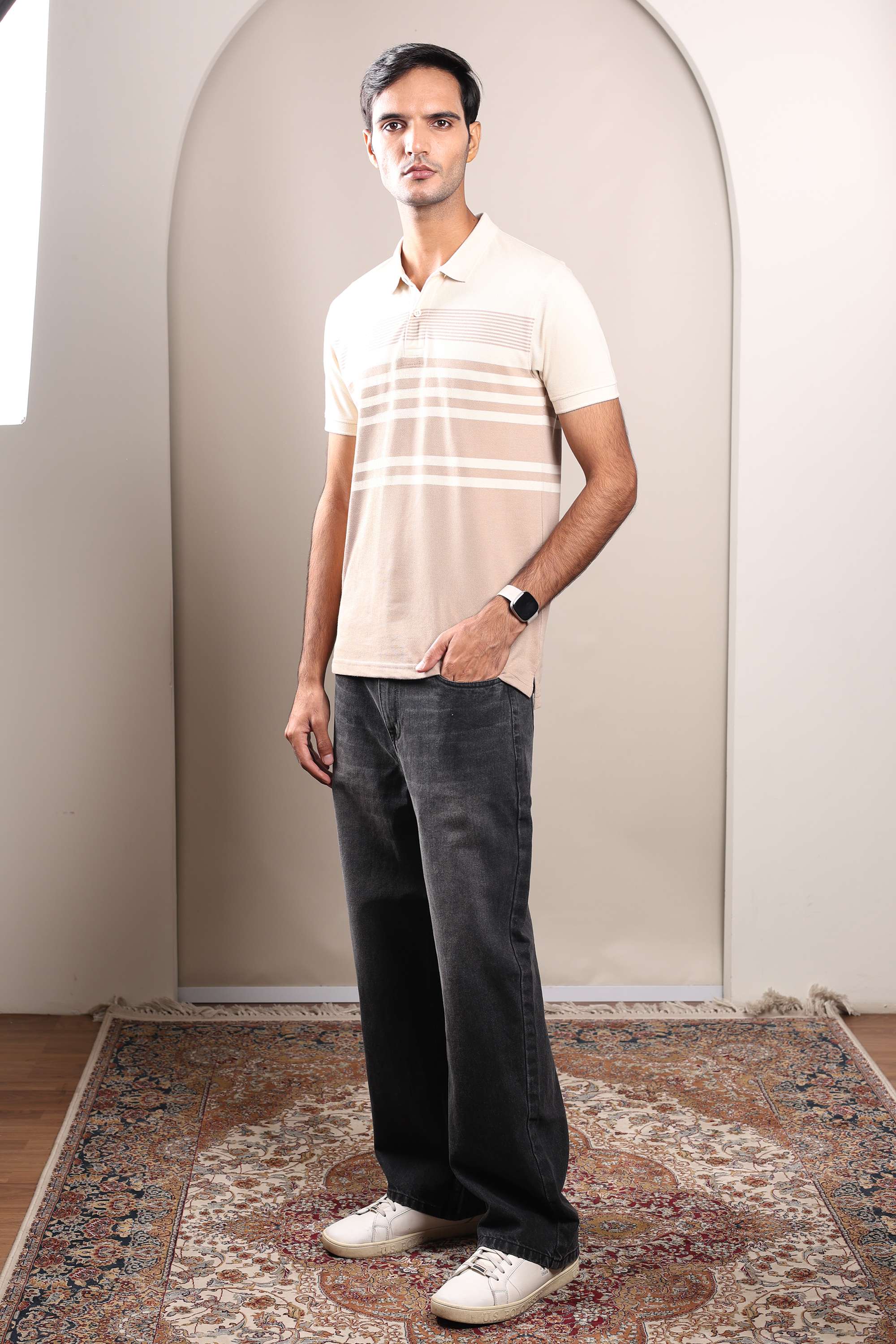 Stripes-Blended-Fabric-Polo-Men-s-T-Shirt