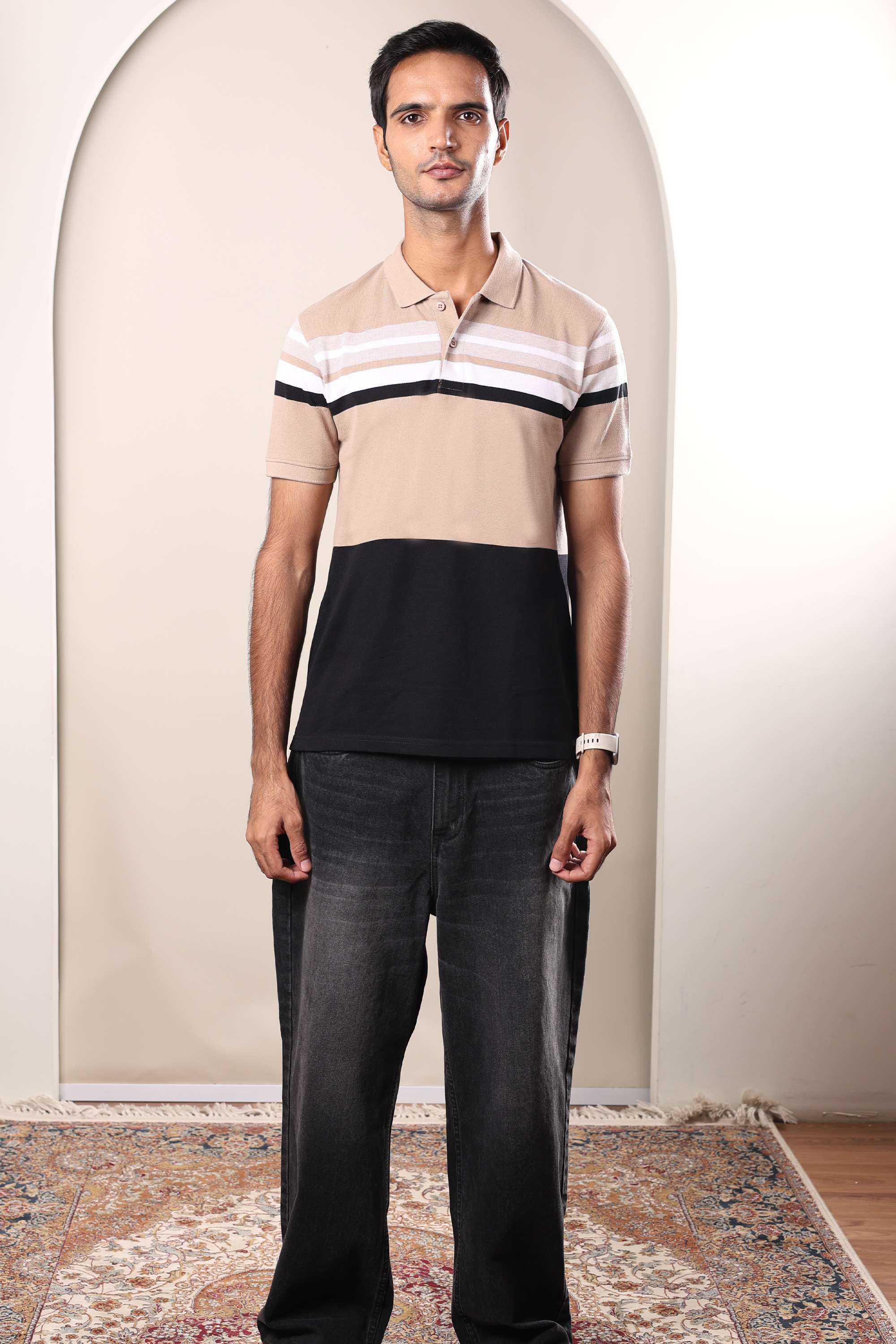 Stripes-Blended-Fabric-Polo-Men-s-T-Shirt