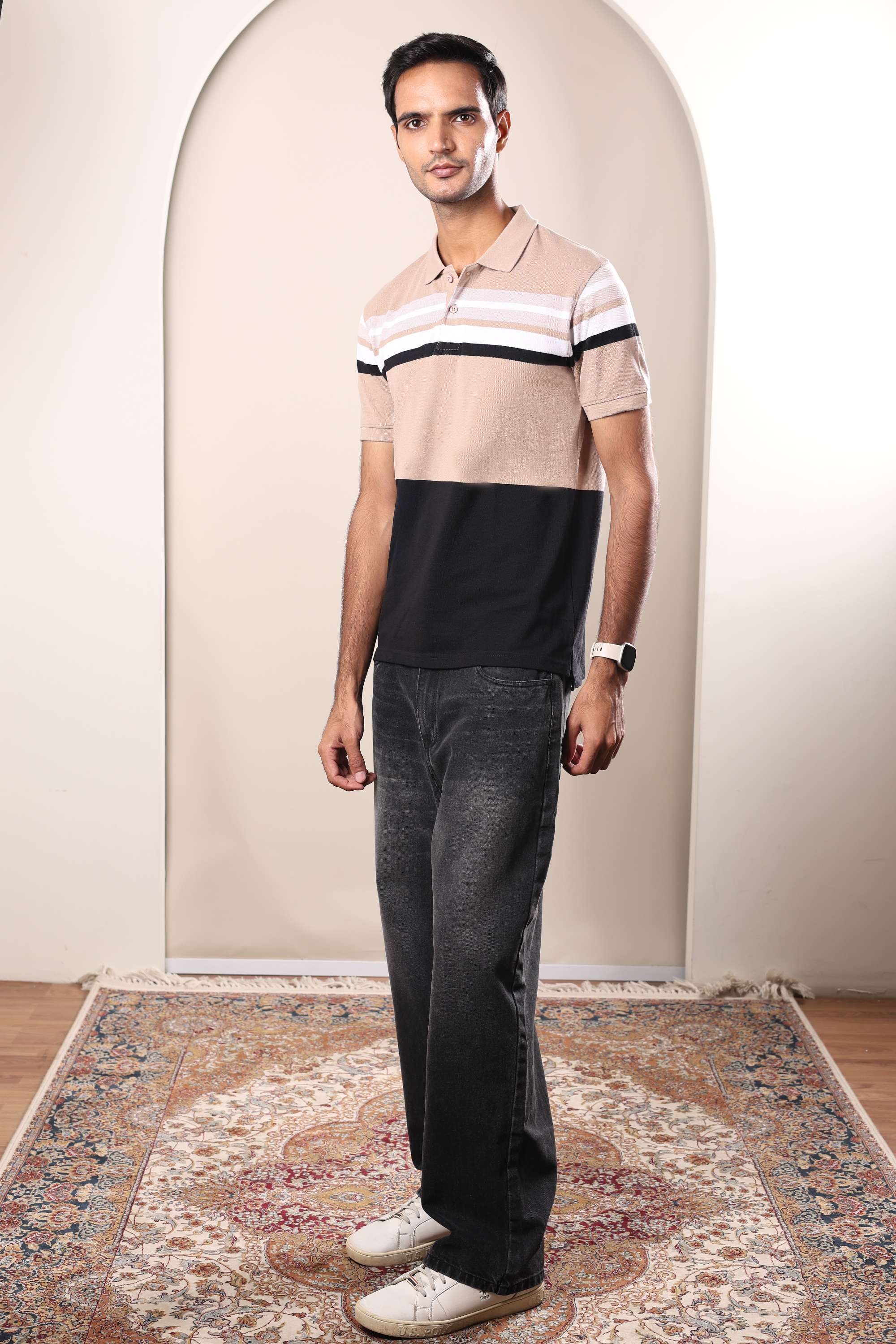 Stripes-Blended-Fabric-Polo-Men-s-T-Shirt