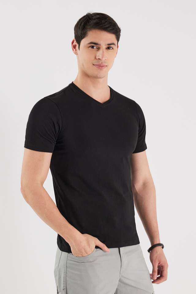 Solid-Blended-Fabric-V-Neck-Men-s-T-Shirt