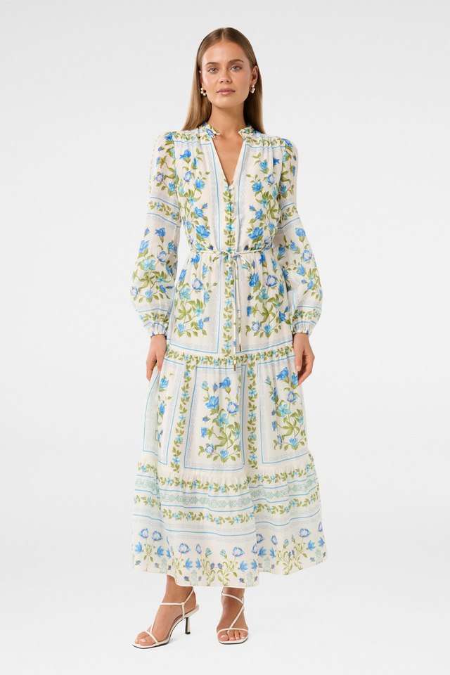 Floral-Collared-Blended-Fabric-Women-s-Calf-Length-Midi-Dress