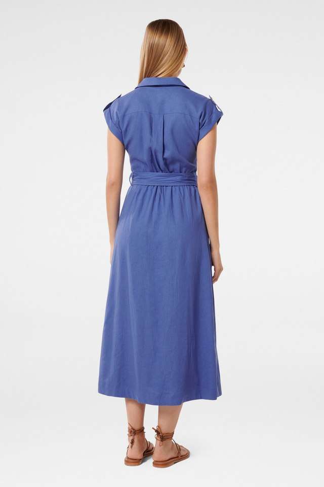 Solid-Collared-Polyester-Women-s-Calf-Length-Dress