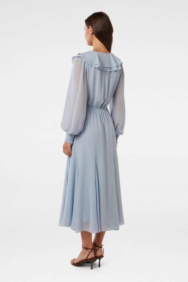 Solid-V-Neck-Polyester-Women-s-Calf-Length-Dress