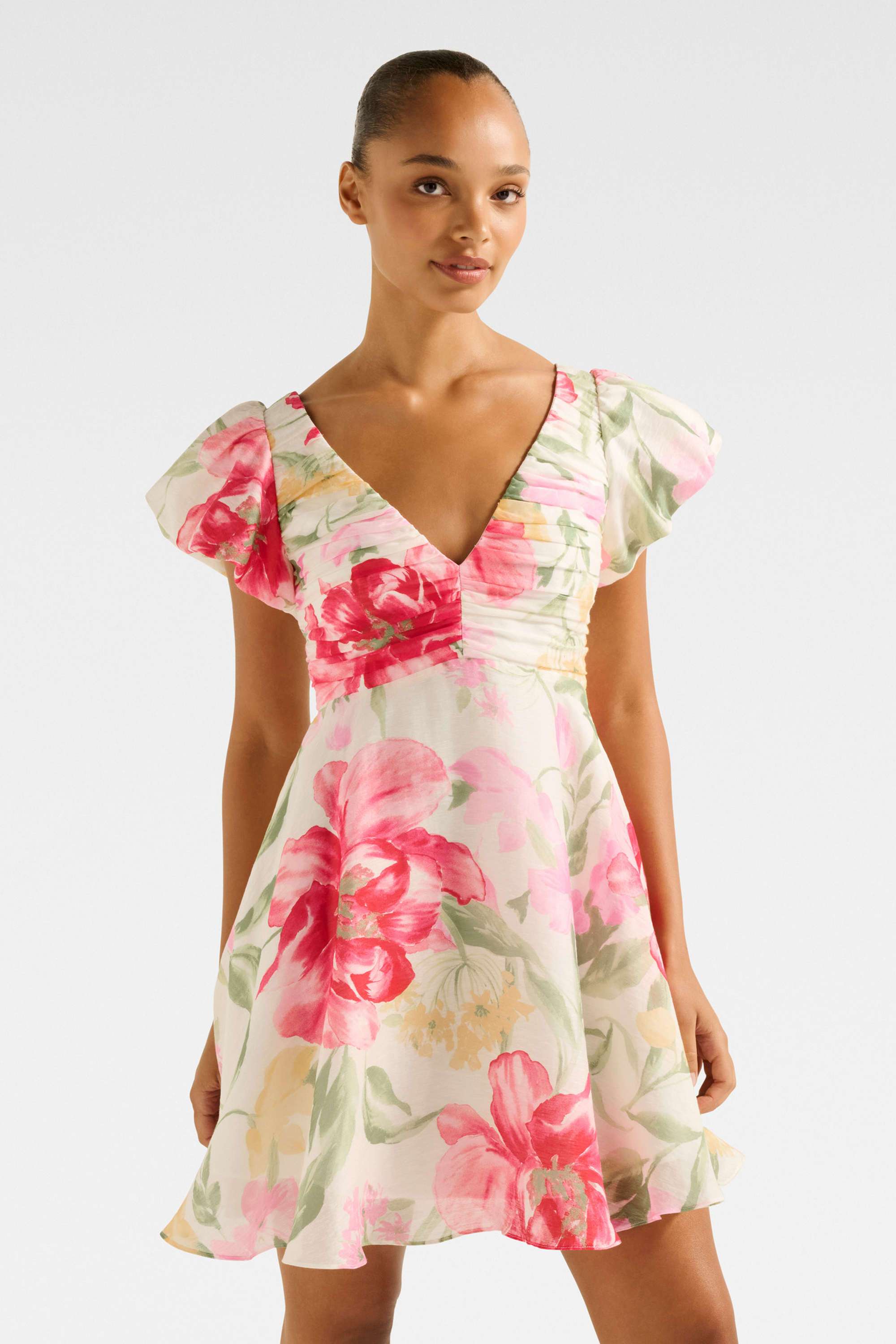 Floral-Blended-Fabric-V-Neck-Women-s-Dress