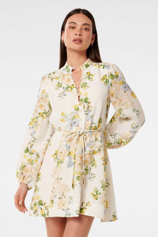 Floral-Collared-Linen-Blend-Women-s-Mini-Dress