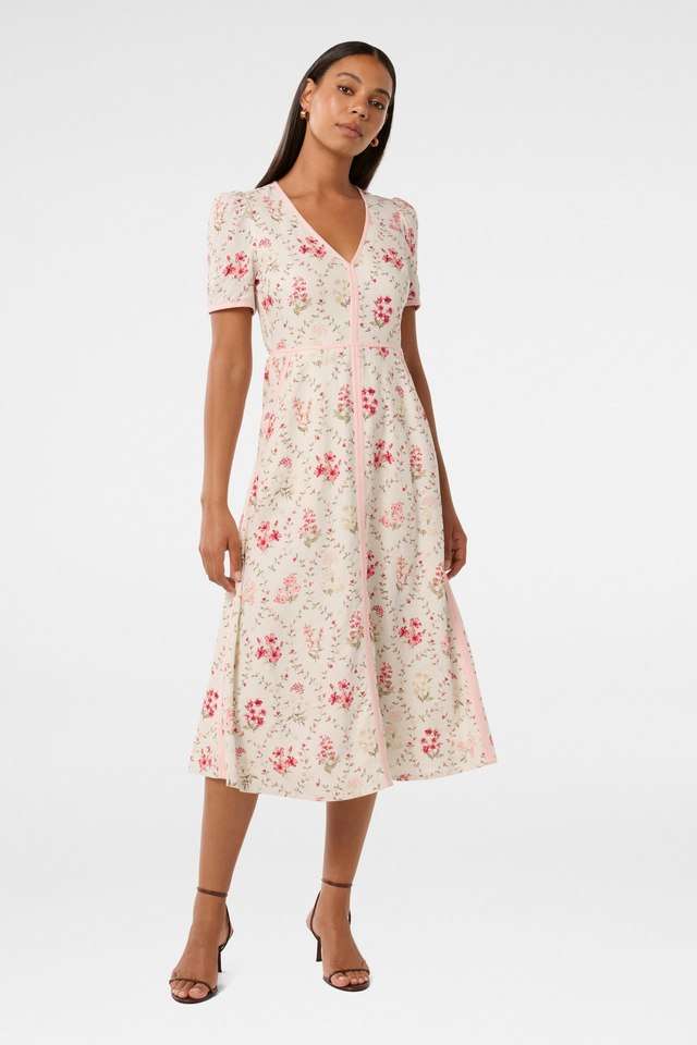 Floral-V-Neck-Linen-Blend-Women-s-Calf-Length-Dress