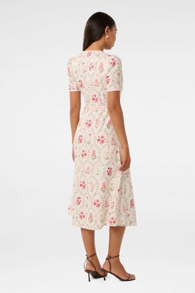 Floral-V-Neck-Linen-Blend-Women-s-Calf-Length-Dress