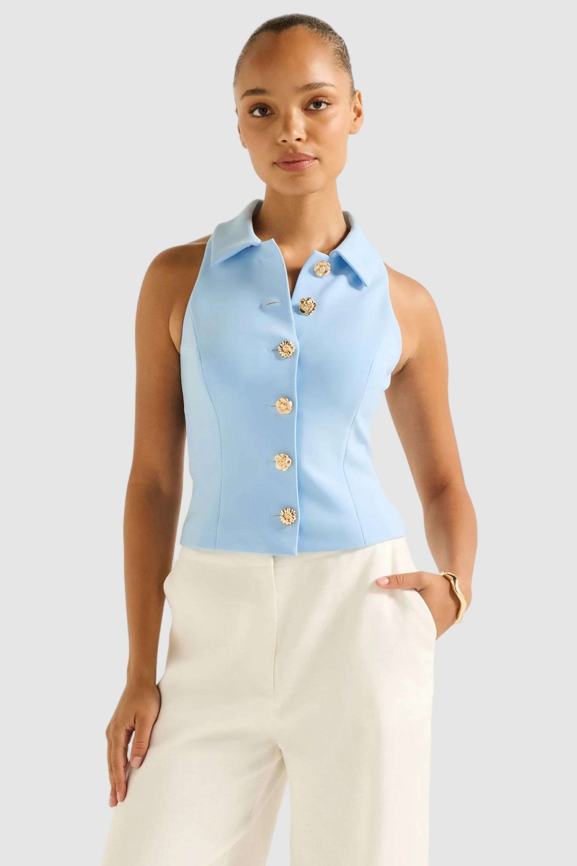 Solid-Polyester-Women-s-Tilly-Button-Detail-Halter-Top