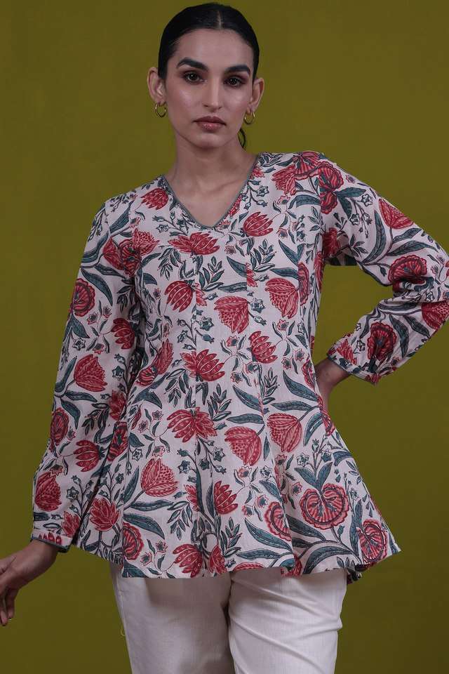 Floral-Cotton-V-Neck-Women-s-Top