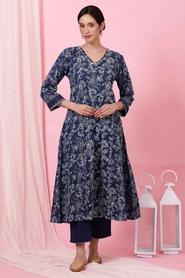Floral-Cotton-V-Neck-Women-s-Casual-Wear-Kurta