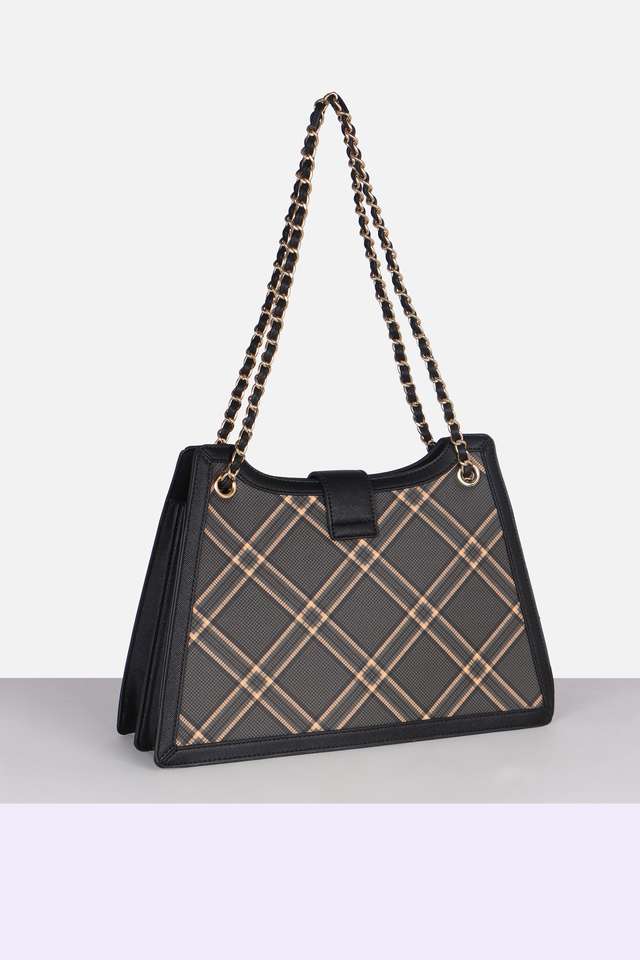 Checks-Polyurethane-Zipper-Closure-Shoulder-Bag