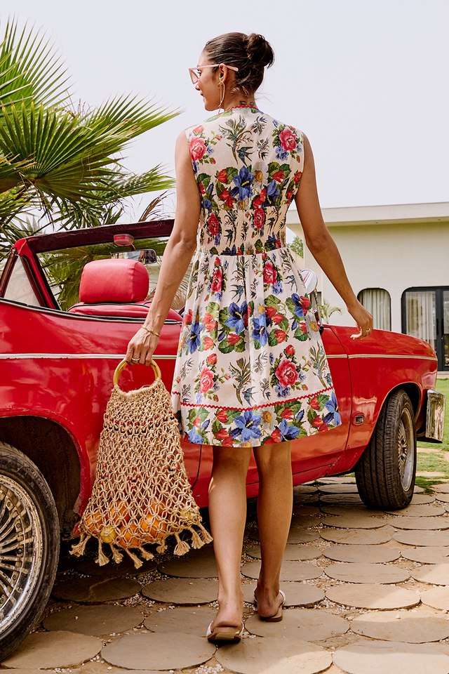 Floral-V-Neck-Cotton-Women-s-Mini-Dress